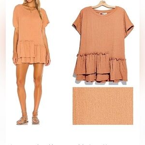 FP Free People Beach XS  Gauze Crinkle Ruffle Shift Dress Cover Up Nutmeg